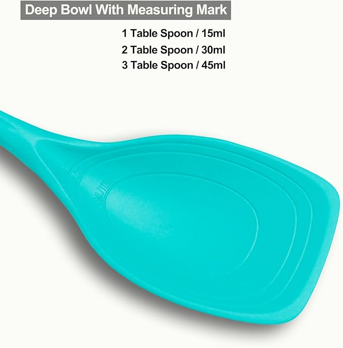 Large Silicone Cooking Spoon, Non-Stick Solid Spoon with Deep Blow and Measurement Mark for Mixing, Serving, Draining, Scooping, Scraping, Heat Resistant Kitchen Utensils, Teal