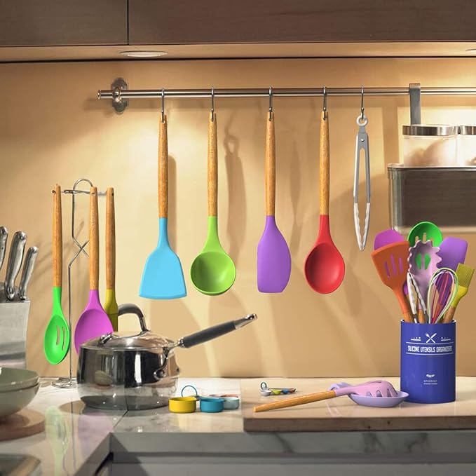 Umite Chef Kitchen Cooking Utensils Set, 33 pcs Non-stick Silicone Cooking Kitchen Utensils Spatula Set with Holder, Wooden Handle Silicone Kitchen Gadgets Utensil Set (Colorful)