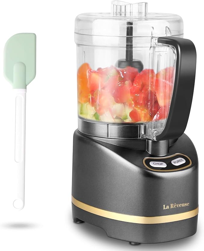 La Reveuse Electric Mini Food Processor with 200 Watts 2-Cup Prep Bowl for Mincing Chopping Grinding Blending Pureeing (Metallic Grey)