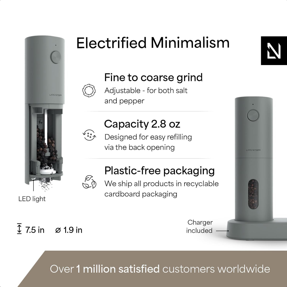 LARS NYSØM Electric Salt and Pepper Grinder Set, USB Rechargeable, Automatic Salt and Pepper Mills, Spice Shakers Refillable with LED Light, Adjustable Coarseness, Ceramic Grinder (Ash Gray)