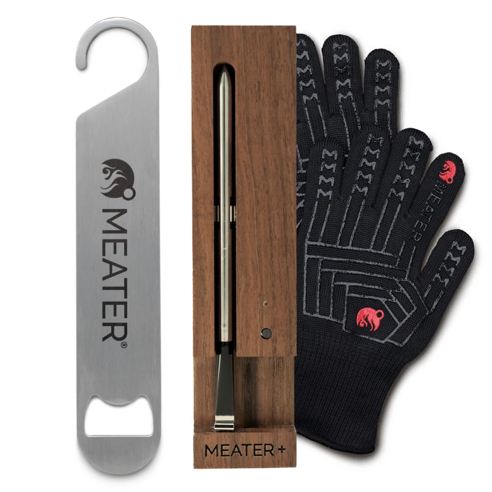 MEATER Plus Bundle: Smart Digital Wireless Meat Thermometer with Heat-Resistant BBQ Mitts & Bar Blade Opener | Grilling, Smoking, Roasting, Baking, & BBQ | Limited Edition Brown Sugar Color
