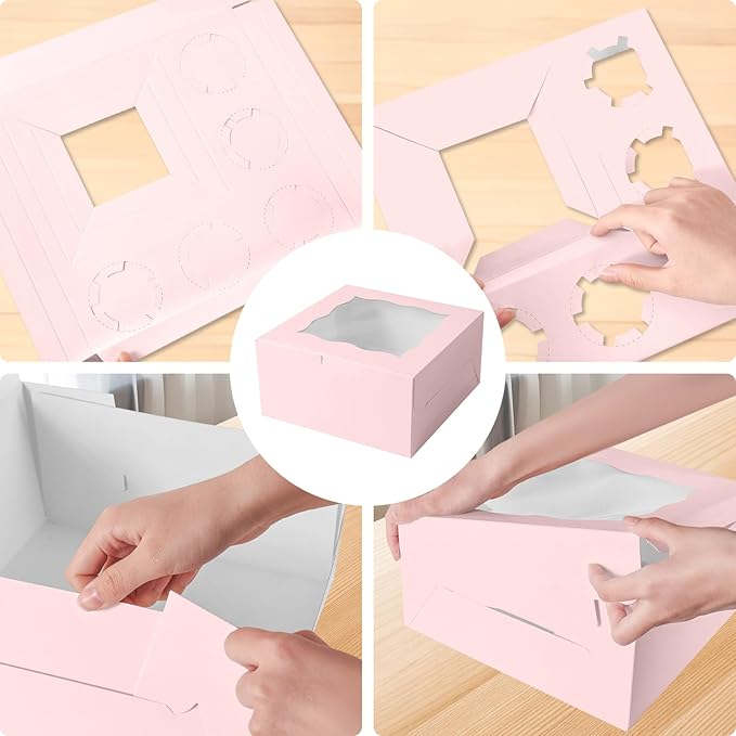 Pink 1+5 paper box 10pcs Bakery Boxes with Window,Stackable Cake and Cupcake Carriers, for Birthdays & Parties (Pink, 1+5(10Pack))