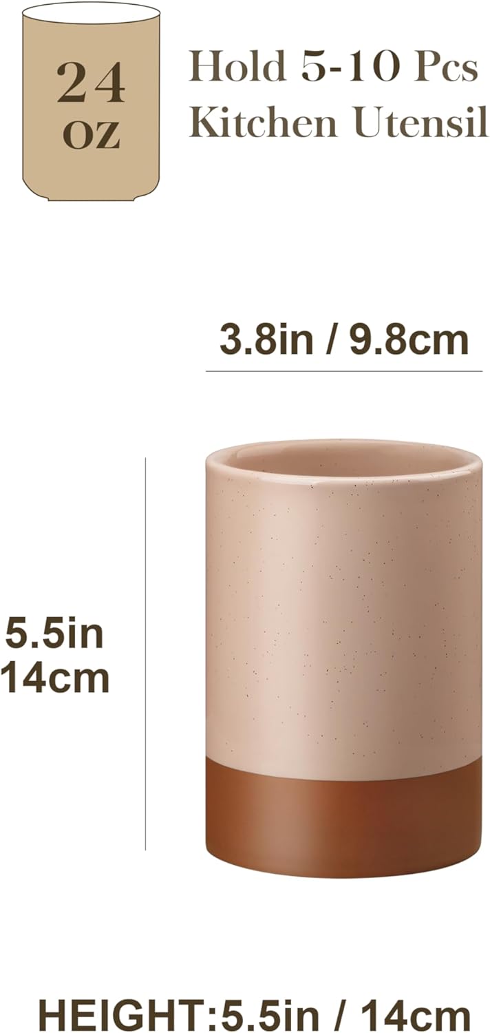 MALACASA Utensil Holder, 5.5" Ceramic Kitchen Utensil Holder for Countertop, Cooking Utensil Crock for Kitchen Counter, Farmhouse Utensil Organizer for Spatula & Spoon, Khaki Pink, Series TARA