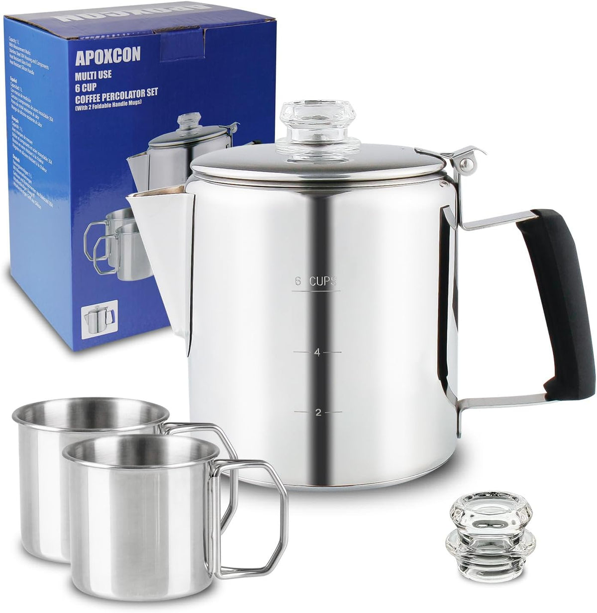 Multi Use 6 Cup Coffee Pot Bundle Coffee Percolator with 2 Mugs Stainless Steel Coffee Maker with Two Heat Resistant Tough Borosilicate Glass Knob Fireproof Silica Handle Using on any Stovetop