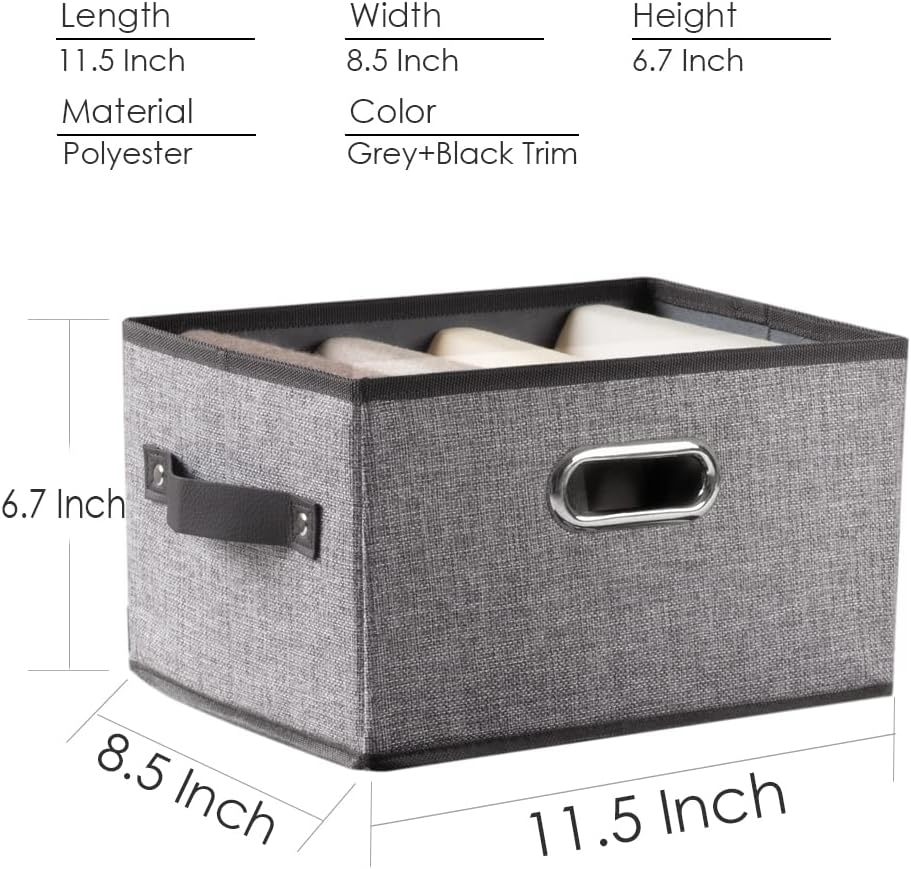 PRANDOM Fodable Storage Bins for Closet [3-Pack] Decorative Fabric Storage Baskets Cubes with Leather/Metal Handles for Shelves Bedroom Living Room Grey (11.5x8.5x6.7 Inch)