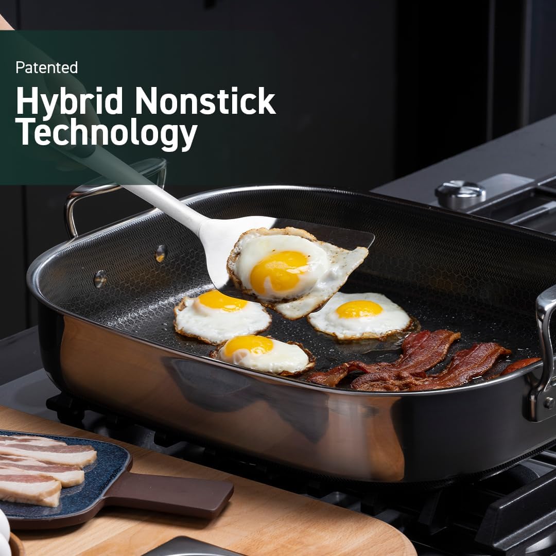 HexClad Hybrid Nonstick Roasting Pan with Rack, Dishwasher-Friendly, Oven-Safe Up to 900°F, Compatible with All Cooktops