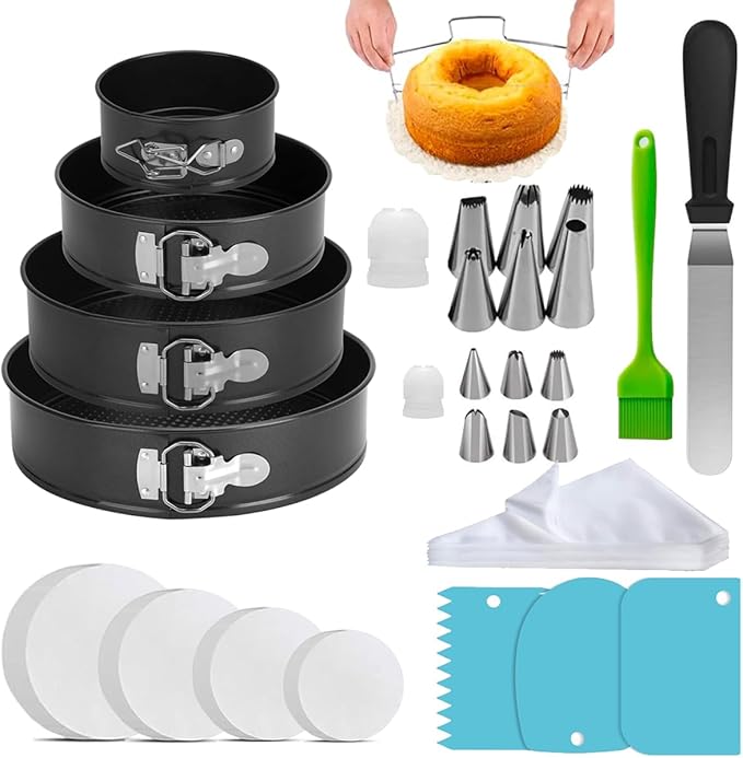 Round Cake Pan Sets for Baking Cake Decorating Supplies: 4 Non-Stick Springform Pans Set (4, 7,9,10 inches), Icing Tips, Cake Leveler – Multi-functional Leak-Proof CheeseCake Pan
