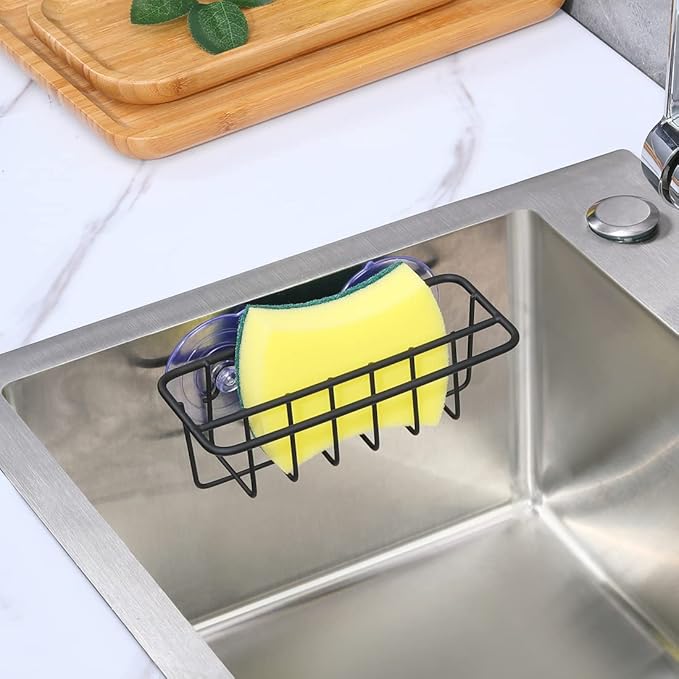 TESOT Sink Caddy Sponge Holder for Kitchen Sink Dish Cloth Hanger 2 Suspension Options(Suction Cups and Adhesive Hook), SUS304 Stainless Steel, Black