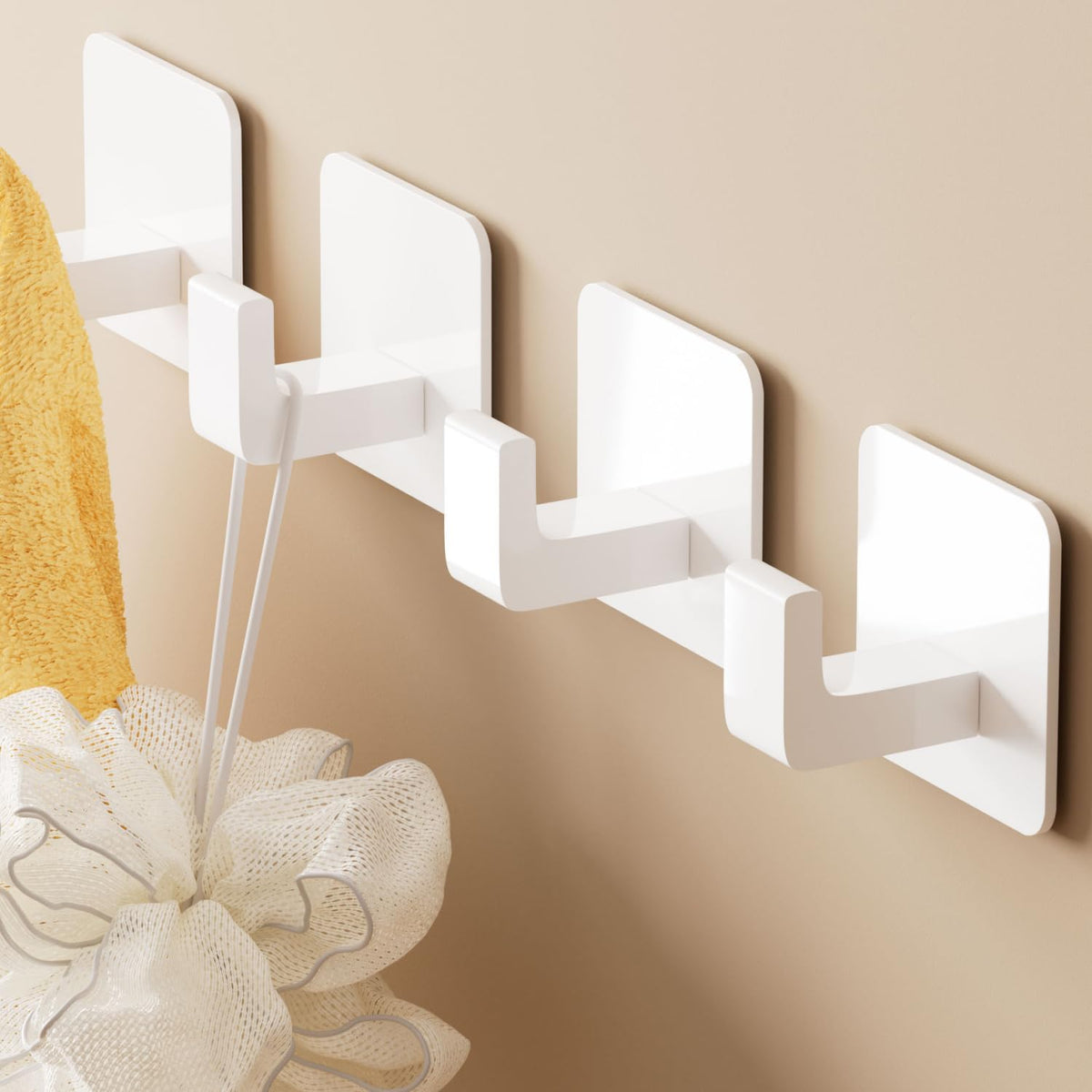 Square Self Adhesive Towel Hooks - 4 Pack Matte White Metal Hooks, Right-Angle Design for Towels, Robes & Hats, Organize Bathroom, Kitchen, Entryway, Doors, Cabinets on Smooth Surfaces