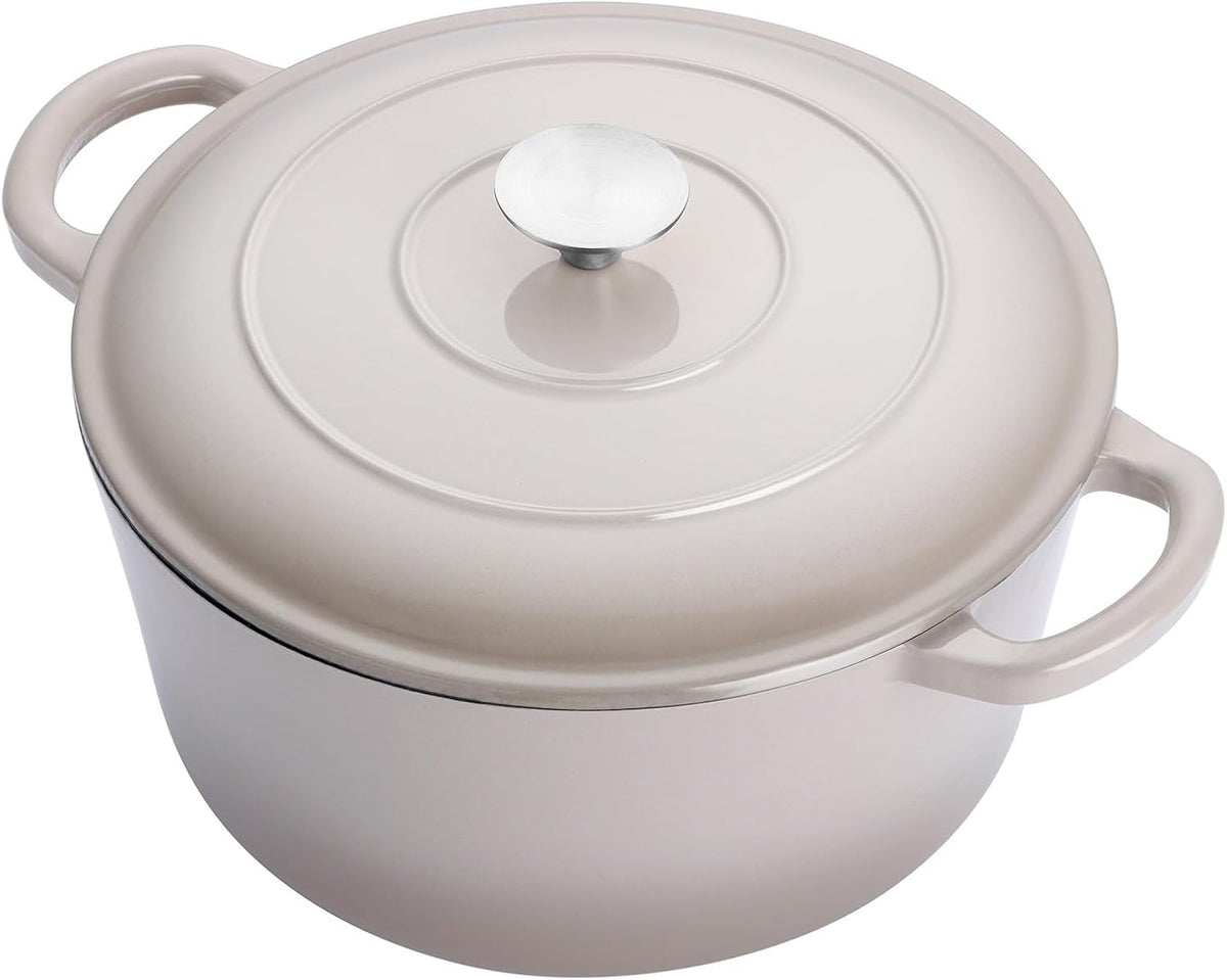 E-far 6 Quart Enameled Cast Iron Dutch Oven, Round Dutch Oven Pot with Lid, Nonstick Cookware for Braising/Stews/Roasting/Bread Baking/Cooking, Heavy Duty, Induction & Oven Safe - Khaki
