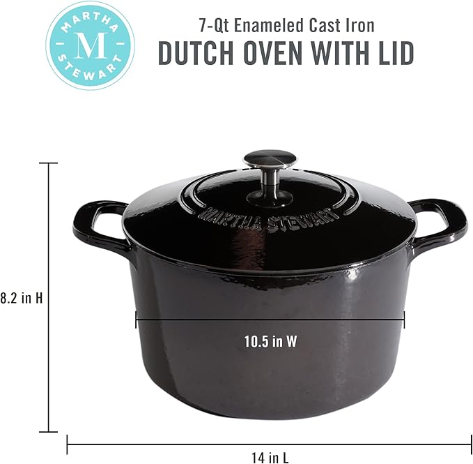 MARTHA STEWART Gatwick 7-Quart Enamel Cast Iron Dutch Oven Pot with Lid – Grey – Heavy-Duty Dutch Oven for Slow Cooking, Braising & Baking