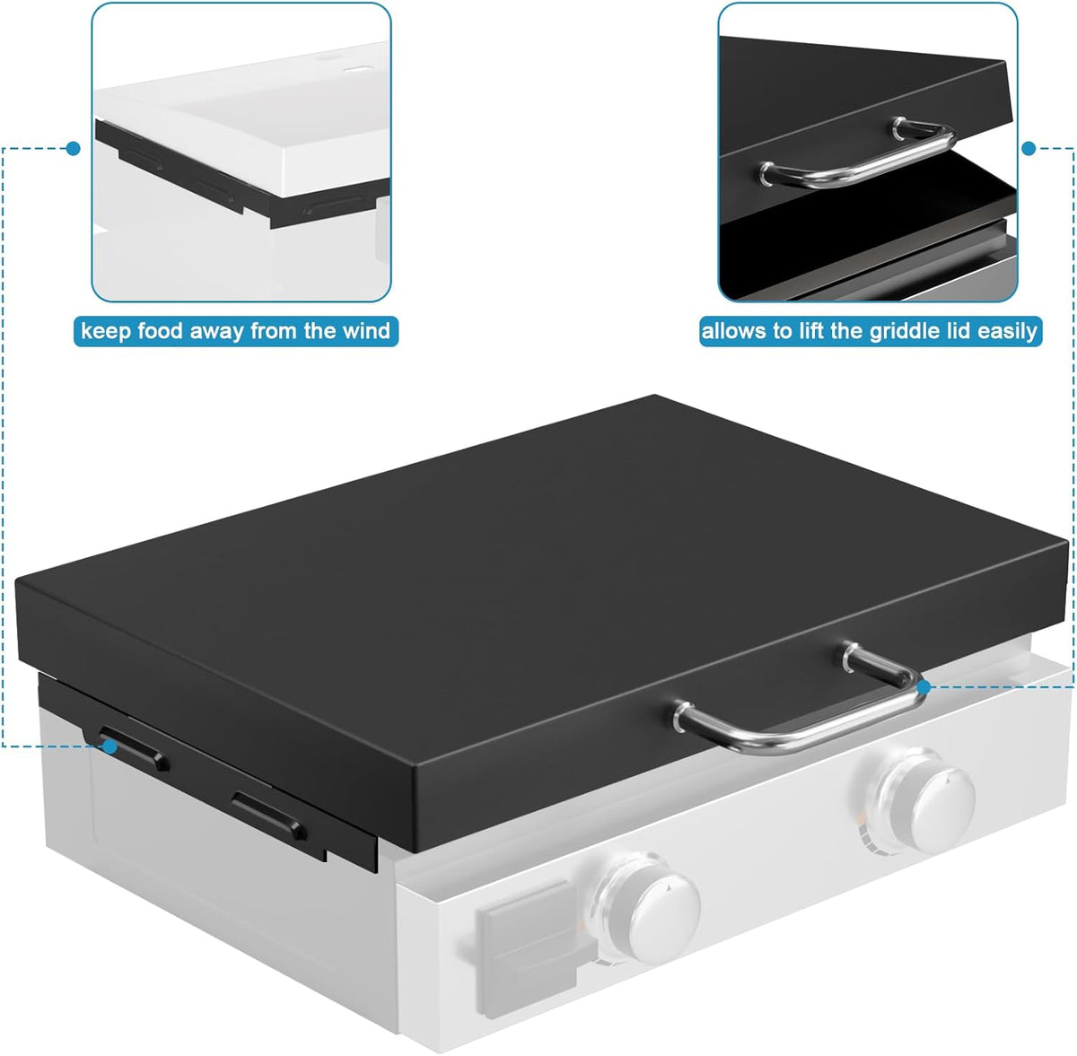 5011 Hard Cover Top Lid with Stainless Steel Handles and Wind Guard for Blackstone 22” Table Top Grill, Flat Top Griddle Accessories for Black Stone, Black