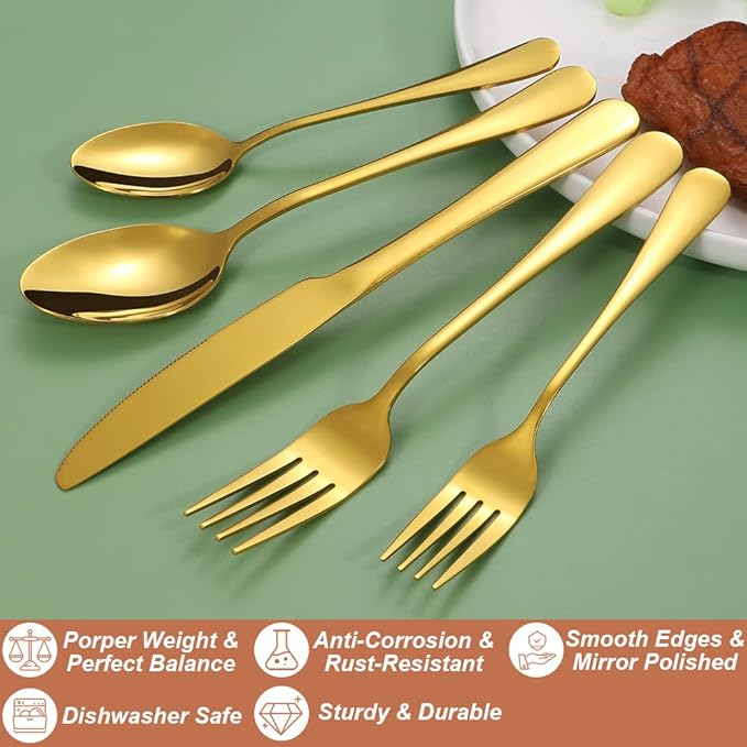 Lazycorner 20 Pcs Gold Silverware Set for 4, Food Grade Stainless Steel Flatware Set Include Fork/Knife/Spoon, Mirror Polished Eating Utensils Sets, Reusable Silverwear Cutlery Set, Dishwasher Safe