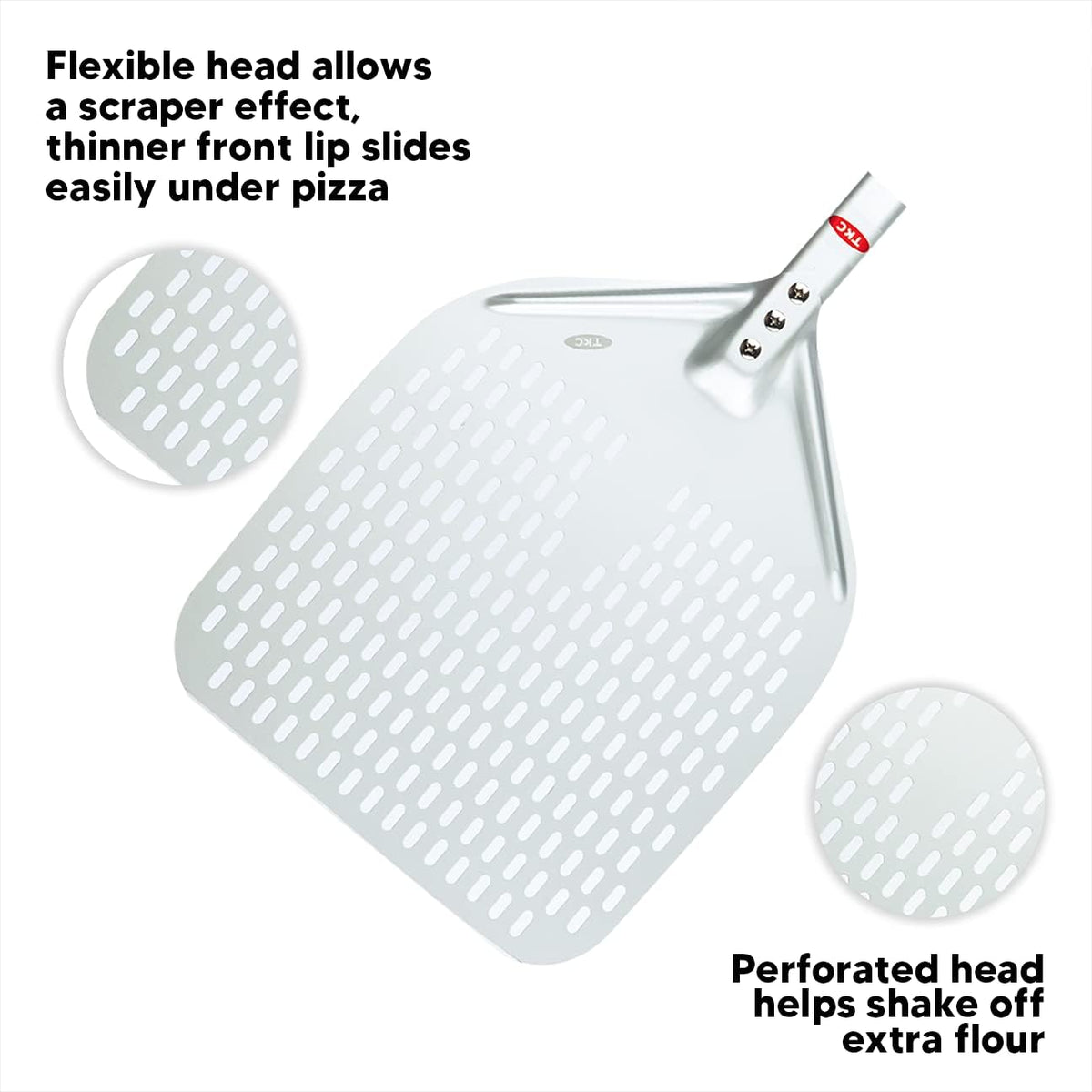 TKC Perforated Pizza Peel 12 Inch - Long Handle Perforated Aluminum Pizza Paddle - Lightweight Pizza Turning Peel Spatula - Compatible with all Ooni Pizza Ovens - 26 Inch Overall Length (Silver/Gray)
