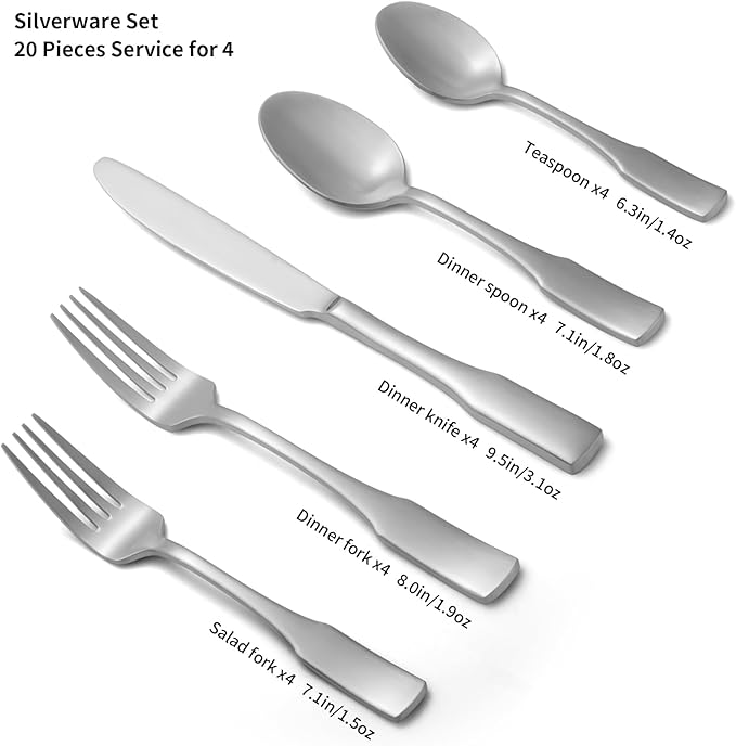 Alata Kate Satin 20-Piece Silverware Set,Service for 4,Stainless Steel Flatware Set,Matte Satin Polished Cutlery Set,Dishwasher Safe