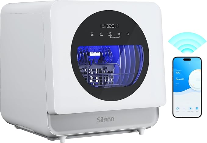 Silonn Portable Countertop Dishwasher | Smart App Control, Triple-Jet Cleaning, Built-In Water Tank & Dual Supply | Compact for Dorm, Apartment, RV