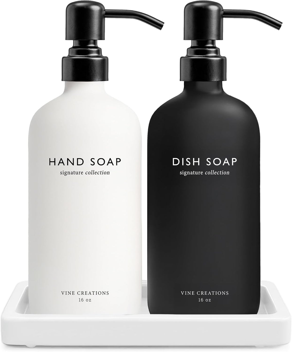Vine Creations Glass Soap Dispenser Set, Kitchen Soap Dispenser Set with Ceramic Tray, 16 oz Dish Soap and Hand Soap Dispensers with Stainless Steel Pump Decor (White and Black Bottles/Matte Black)