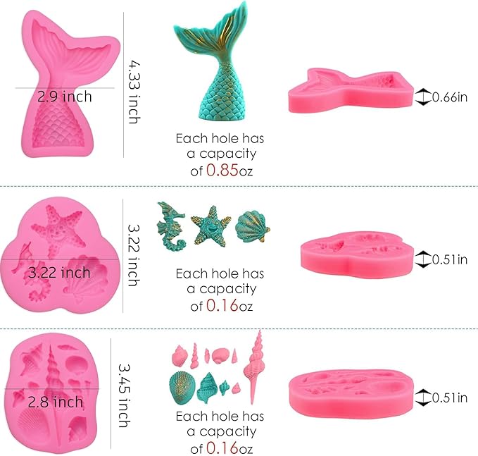 SAKOLLA Mermaid Theme Silicone Fondant Mold - Mermaid Tail Seashell Starfish Hippocampus Conch Silicone Mold for Under The Sea Cake Decoration, Gum Paste, Polymer Clay, Cupcake Decor, Sugar Craft