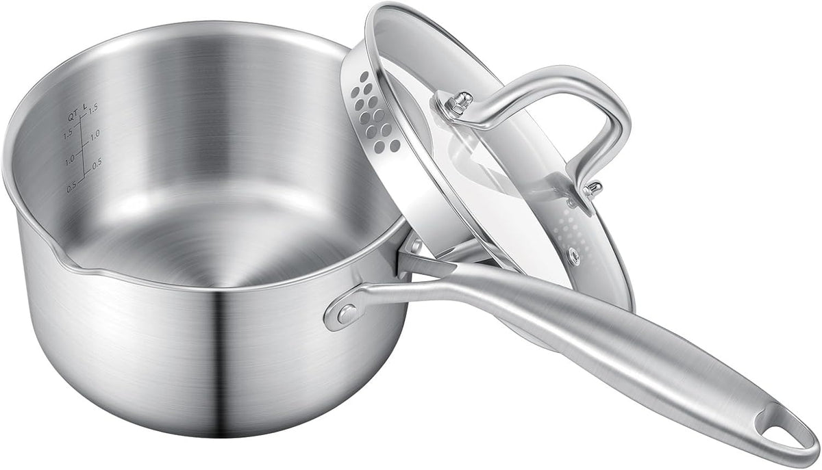 Leetaltree 1.5 Quart Stainless Steel Saucepan with Glass Strainer Lid, Thicken Tri-ply Ful Body, Multipurpose Sauce Pot with Two-Size Drainage Holes Lid, Perfect For Boiling Gravies, Pasta, Noodles