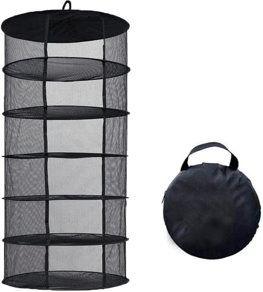 Desy & Feeci Herb Drying Rack Hanging, 6 Layer Collapsible Mesh Dry Net Herb Dryer with S Hang Buckle and Storage Bag, Black (Diameter 60 cm)