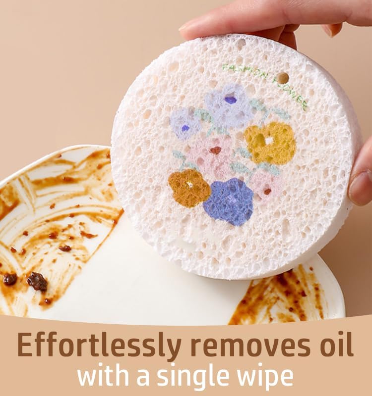 Flower-Shaped Wood Pulp Sponge Scrubber, sponges Kitchen– Dual-Sided Natural Dish Sponge,sponges for Dishes, Eco-Friendly, Quick-Drying, Gentle on Non-Stick Pans (9.3×1.8cm) (12pcs)