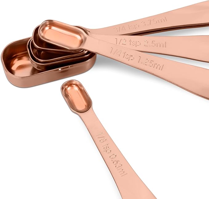 Accurate 18/8 Stainless Steel Measuring Spoons, Heavy Duty Good Handle Set of 6 Measuring Spoon with Ring Connector, Rose Gold