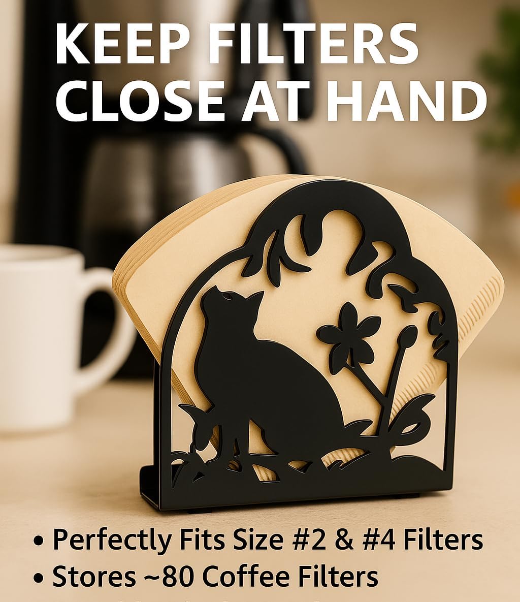 Decorative Metal Napkin Holder Set – Cat & Floral Design – 2 Sizes for Everyday & Cocktail Napkins – Black Modern Kitchen Coffee Filter Holder for Size #2 & #4 coffee filters.