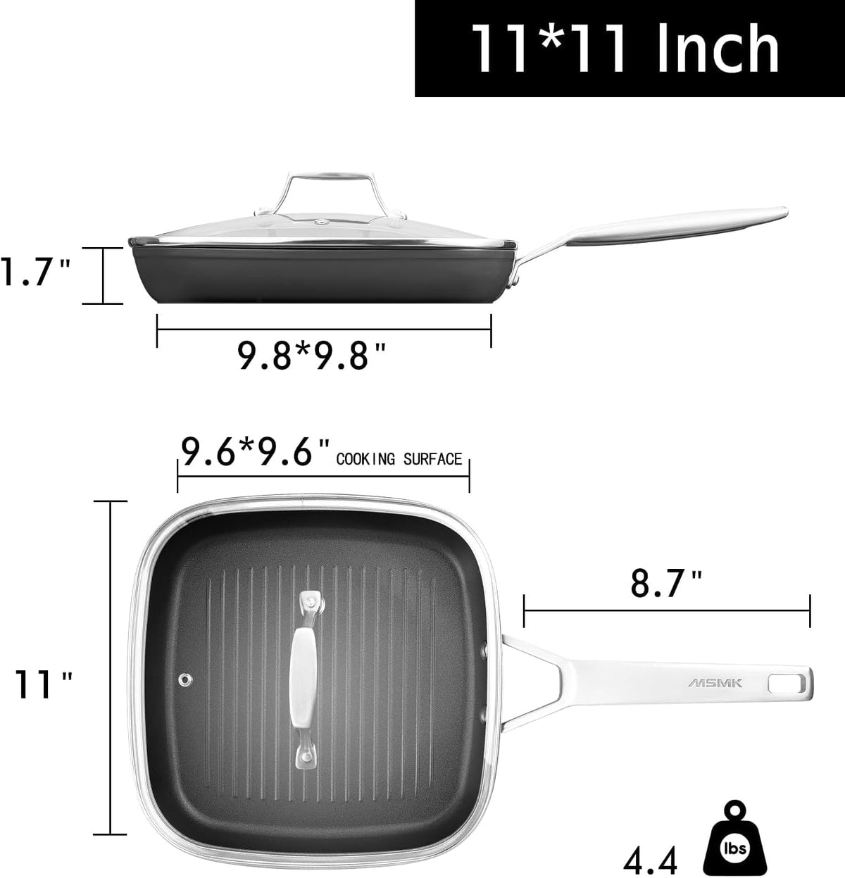 MsMk Square Grill Pan with lid, Stay-Cool Handle, Each Ridge Nonstick, Oven Safe Dishwasher Safe Induction Grill pans for Stove Tops, Square Frying Pan, Bacon Pan, Indoor Chicken Skillet, 11-Inch