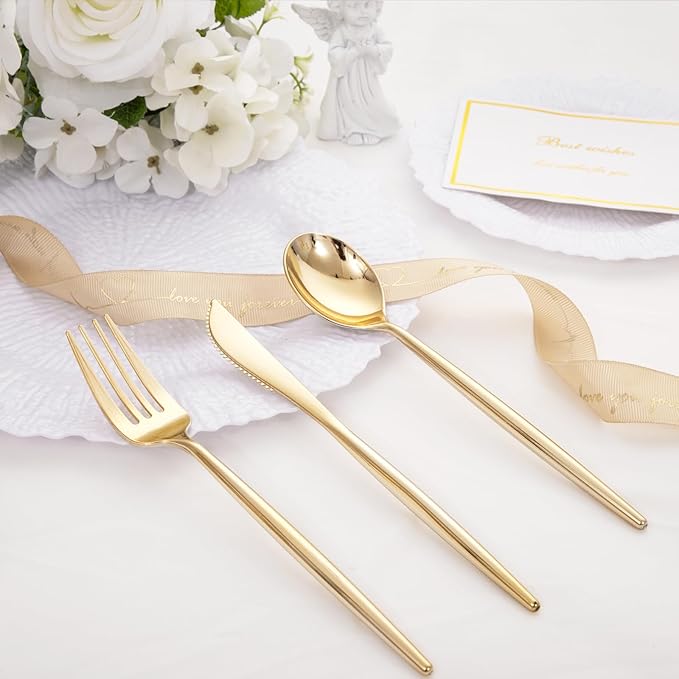 SUT 150PCS Gold Plastic Silverware, Plastic Utensils,Gold Silverware Disposable,Disposable Utensils Heavy Duty,Plastic Cutlery Set,Includes:50 Knives, Forks and Spoons for Party, Birthday,Wedding