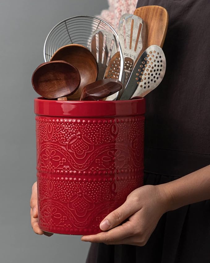 FUN ELEMENTS Kitchen Utensil Holder, 7.2" Super Large Utensil Crock Heavy and Stable Lace Emboss Ceramic Utensil Holder for Kitchen Counter (Christmas Red)