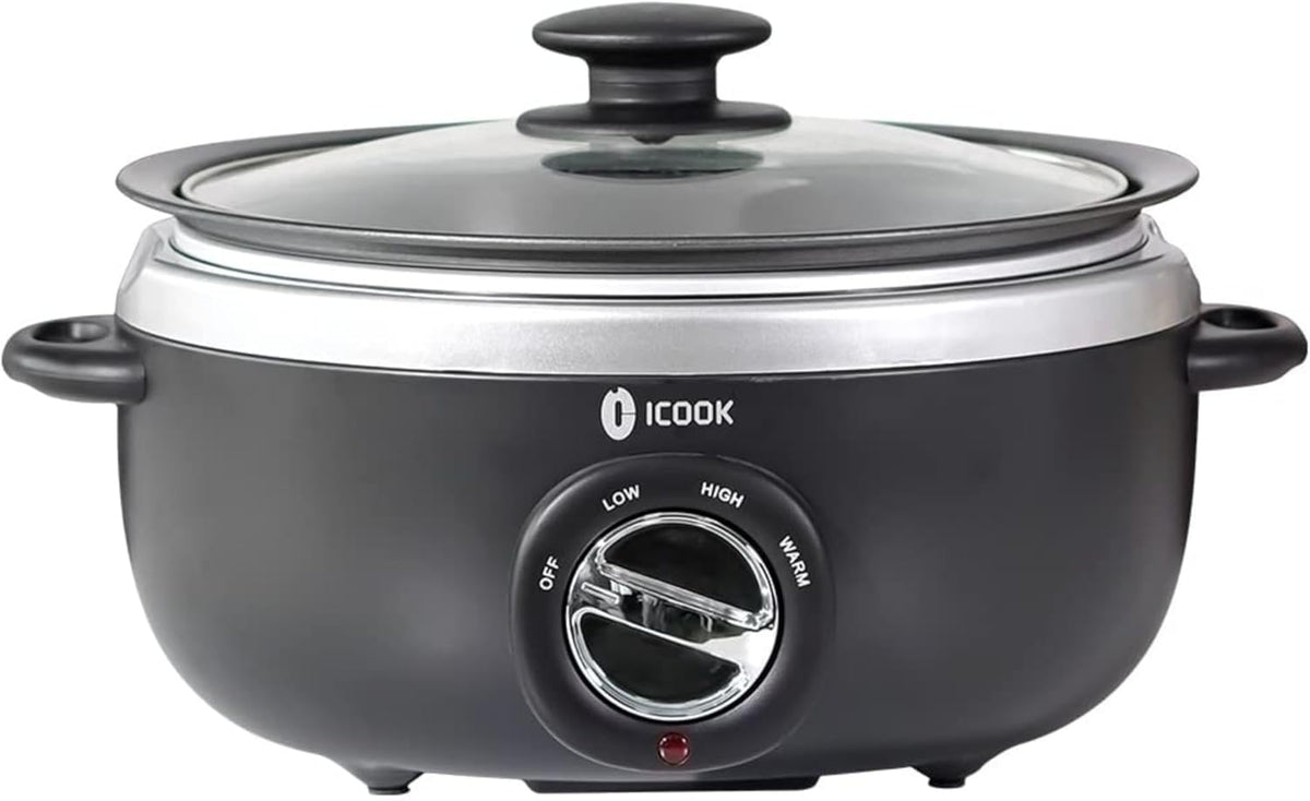 ICOOK 6.5 Quart Slow Cooker, Simmer Pot with Transparent Glass Cover, Cooks Entrees, Adjustable Temp, Sauces, Soups, Roasts, Stews and Dips (Black)