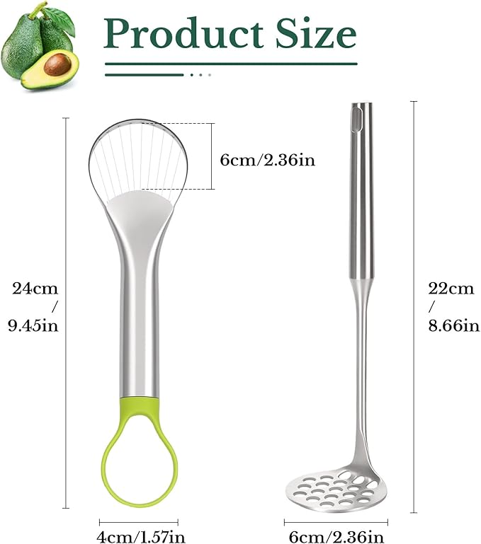 Avocado Slicer Tool Set,Stainless Steel Avocado Cutter Tool and Avocado Masher Tool,Quickly Slices Thinly and Masher,Suitable for Avocados,Potatoes,Dragon Fruit and Other Fruits Vegetables
