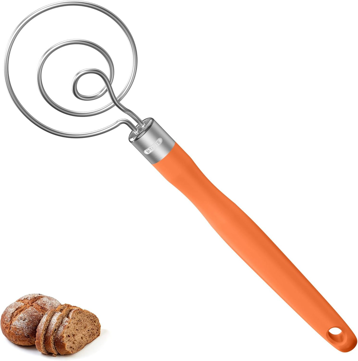 U-Taste 12.6in Danish Dough Whisk: 18/8 Stainless Steel Heavy-Duty Sourdough Mixer Tool, Food Grade Dutch Style Seamless Bread Wisk, Sturdy for Mixing, Stirring, Kneading Thick Batter (Orange)