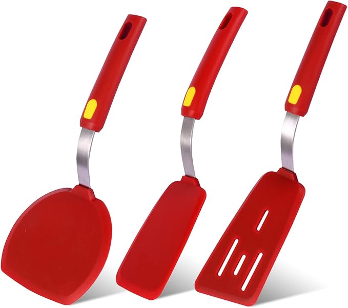 Silicone Spatula Turner Heat Resistant 600°F 3 Piece Set Non Scratch Flexible Slotted and Solid Thin Rubber Spatula Flipper for Cooking Pancake,Egg,Fish,Burger,Steak for Nonstick Cookware,Red