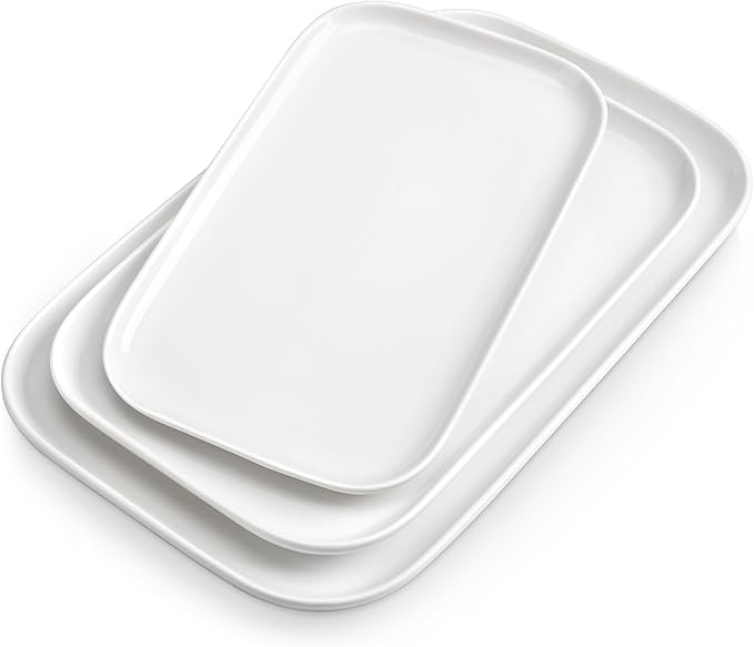 vancasso Stern Serving Platters Set of 3, 11/13/ 15 Inches Rectangular Ceramic Serving Plates, White Serving Trays for Entertaining