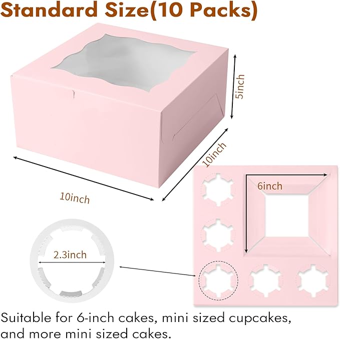 Pink 1+5 paper box 10pcs Bakery Boxes with Window,Stackable Cake and Cupcake Carriers, for Birthdays & Parties (Pink, 1+5(10Pack))