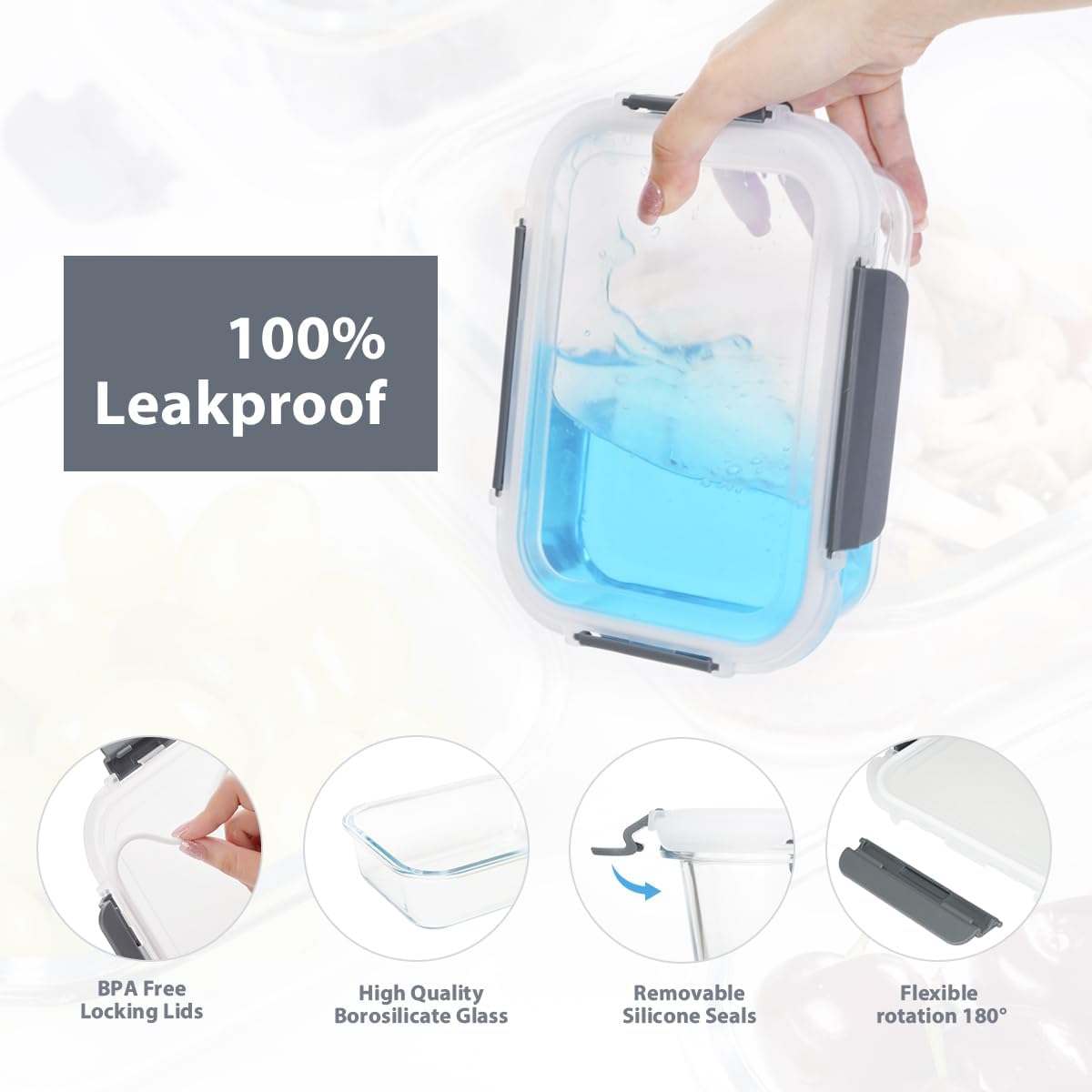 GENICOOK GC glass Food Storage Containers with Lids, Meal Prep Containers, Airtight Lunch Containers Bento Boxes with Snap Locking Lids for Microwave, Oven, Freezer and Dishwasher