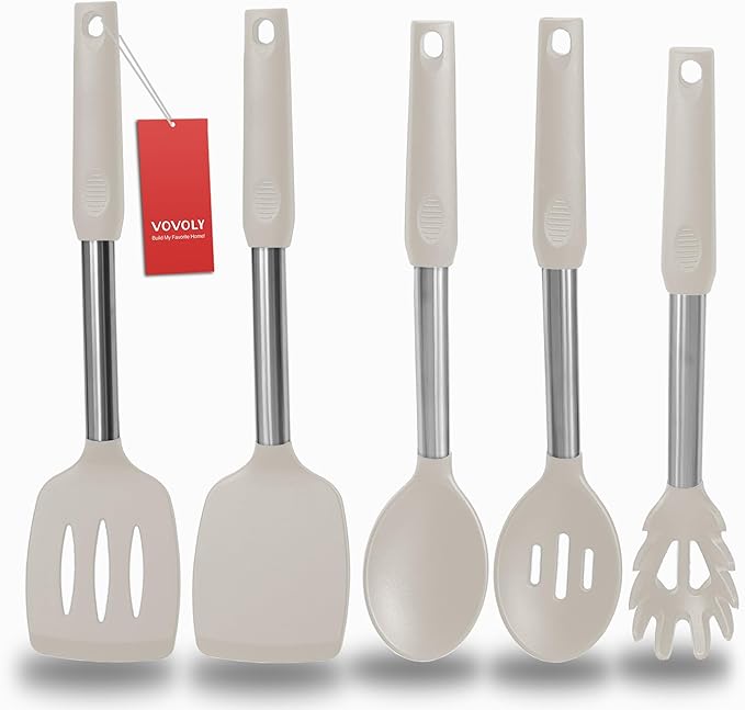 Silicone Spatula and Cooking Spoon,5 Pack Non-Stick Cooking Utensils for Kitchen，Heat Resistant Solid & Slotted Spoons and Spatulas, Stainless Steel Handle Coated with Silicone, Khaki