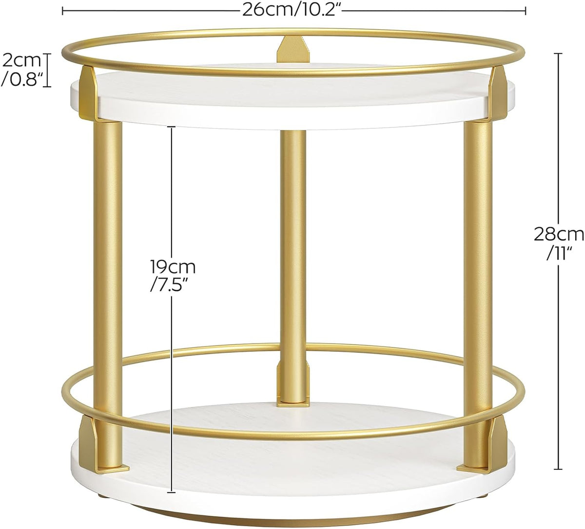 Lazy Susan Organizer, Rotating Spice Rack, 2 Tier Spice Turntable Organizer, Industrial Turntable Spice Holder, for Kitchen Countertop and Cabinet, Compact and Versatile, White and Gold SR22DW