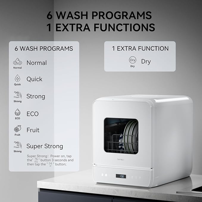 Hermitlux Countertop Dishwasher, 6 Wash Programs Slim Size Portable Dishwasher