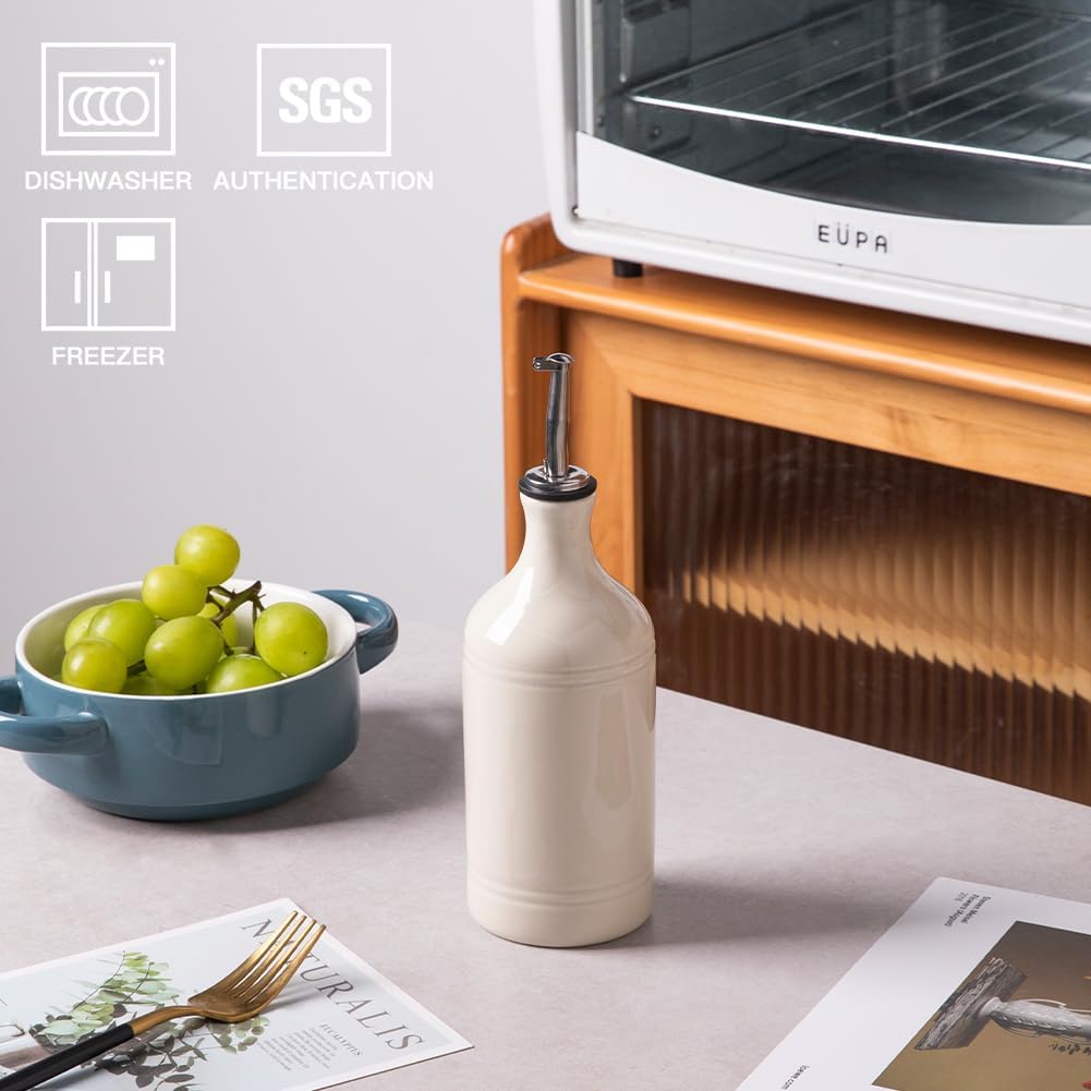 Sweejar Ceramic Olive Oil Dispenser Bottle, Opaque Oil Cruet Protects Oil to Reduce Oxidation, Suitable for Storage Oil, Vinegar, Coffee Syrups & Other Liquids, Pack of 1, 15.5 Fl Oz (Beige)