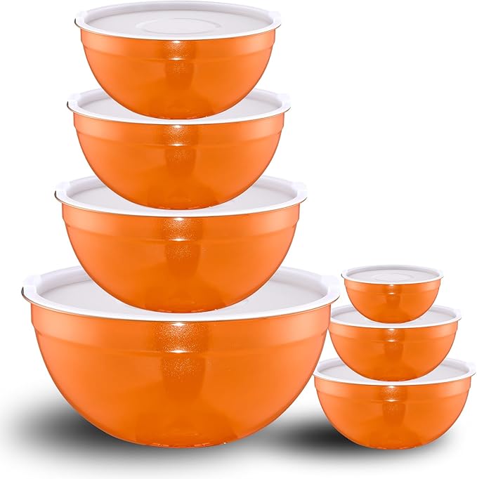 Orange Mixing Bowls with Lids Set of 7, Stainless Steel Nesting Bowl with Khaki Lid for Non-slip Mixing Prepping Storing Serving, 7 Sizes-7/3.6/2.7/2.1/1.5/1/0.8 QT