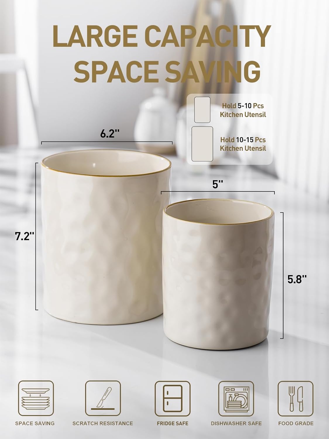 famiware Ocean Utensil Holder, 7.2"+5.8" Ceramic Kitchen Utensil Holder for Countertop, Cooking Utensil Crocks, Utensil Organizer for Spatula & Spoon, Kitchen Decor, Set of 2, Vanilla White
