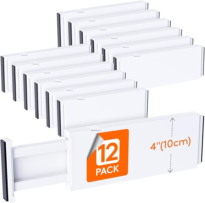 Lifewit 12 Pack 4" High Drawer Dividers 28-43.5cm/11-17" Adjustable Drawer Organizer for Clothes/Utensils, Expandable Drawer Separator in Dresser/Kitchen/Bedroom/Office Organization & Storage White