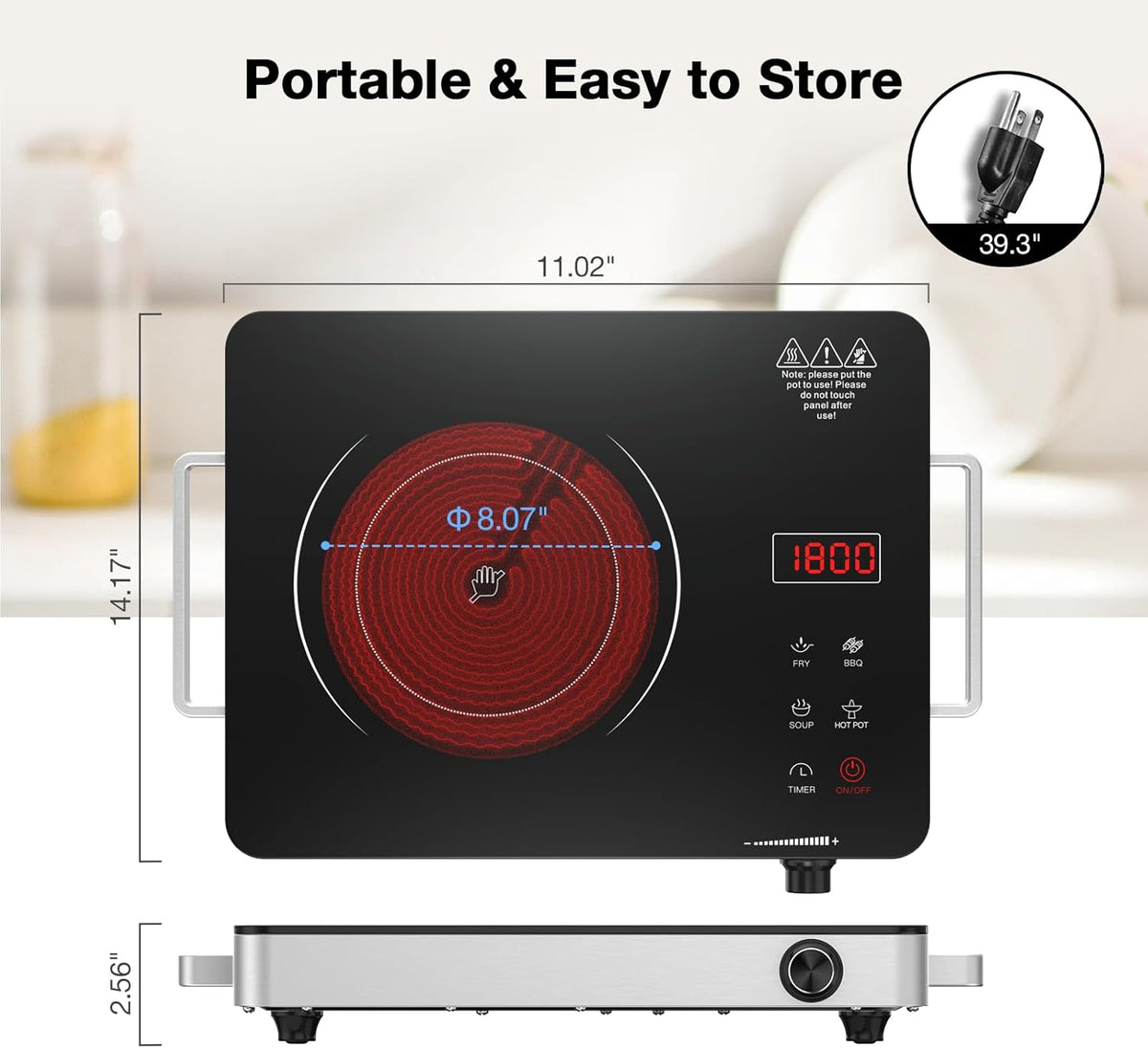 Portable Electric Cooktop 110V, 1800W Electric Stove Infrared Hot Plate with Knob Control, Nafewin Single Burner Countertop Burner with Handle, 4-Hours Timing Setting, Compatible for All Cookwares