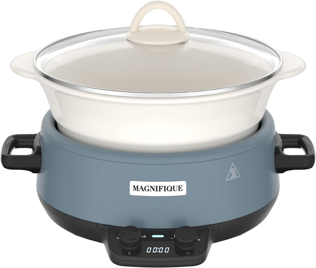 MAGNIFIQUE 5 Quart Programmable Slow Cooker with Auto Warm Setting, Glazed Ceramic Liner, Kitchen Small Appliance for Family Dinners, Blue