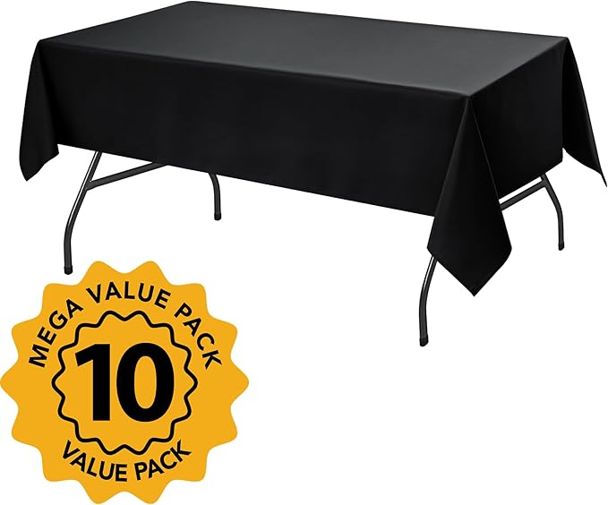 10-Pack Black Tablecloths for Rectangle Tables, 60 x 102 Inches, Stain-Resistant Polyester Fabric for 6 Foot Tables - Washable Table Covers for Weddings, Banquets, Birthday Parties, Events