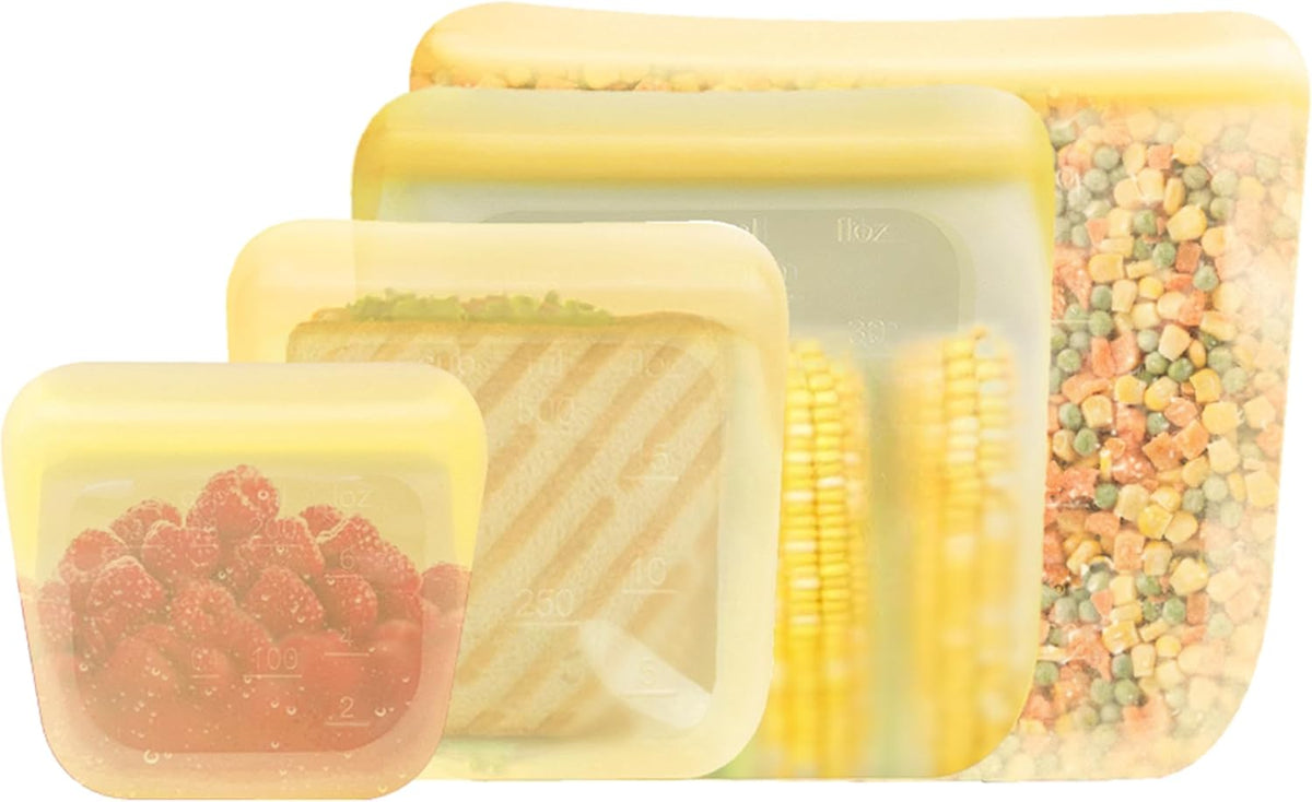 purifyou Set of 4 Reusable Silicone Storage Snack Bags 6oz / 16oz / 32oz / 64oz Self-Seal Food Storage Container for Fruits, Vegetables, Sandwiches, Dishwasher Safe & Leak-free (Pastel Yellow)