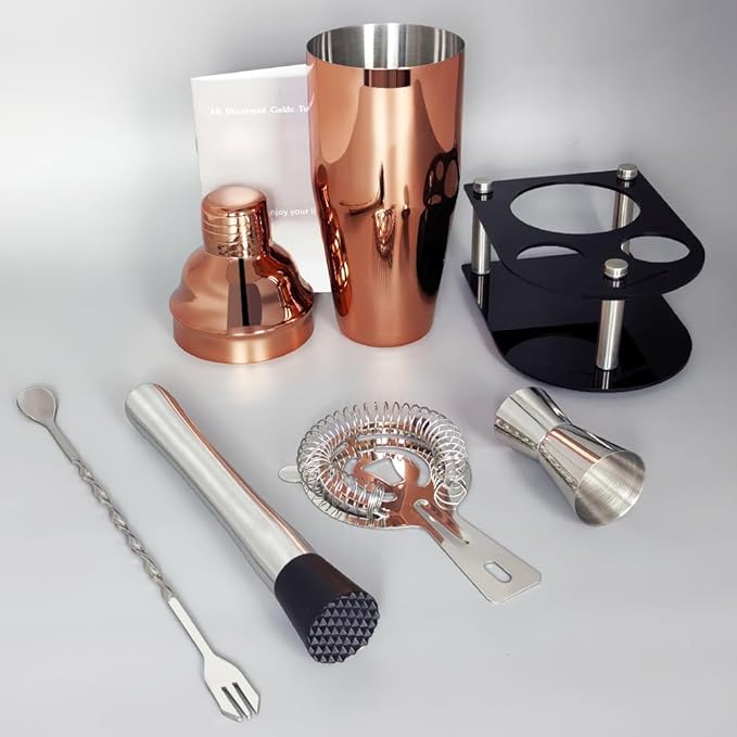 Cocktail Shaker Bartender Kit: 5 Piece Bar Tool Set, Cocktail Shaker Set with Stand, Drink Mixing Includes Martini Shaker,Strainer,Jigger,Bar Mixer Spoon,Muddler ﻿ (Rose Gold, 750ml(25oz))