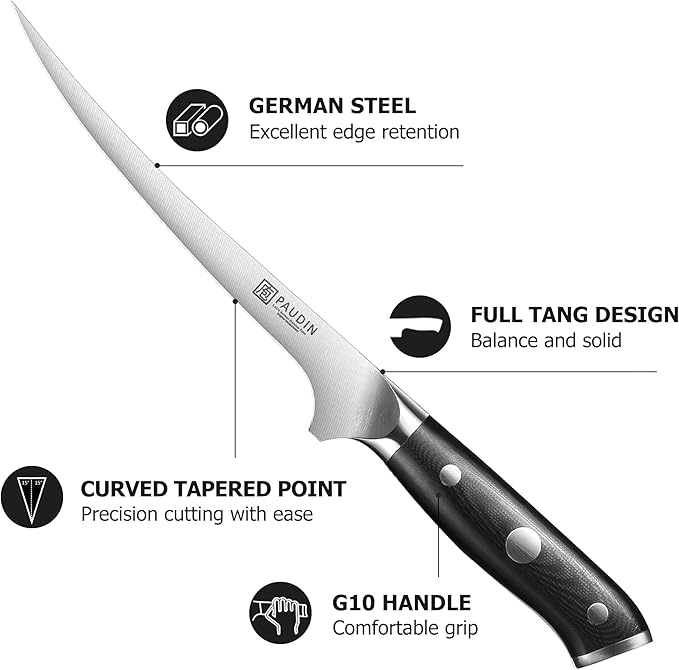 PAUDIN Fillet Knife, 7 Inch Boning Knife, High Carbon German Steel Fish Knife for Meat Cutting Trimming Deboning, Full Tang Ergonomic G10 Handle
